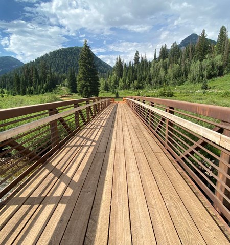 A wooden bridge over a river.