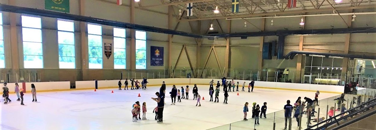 A group of people in an ice rink.